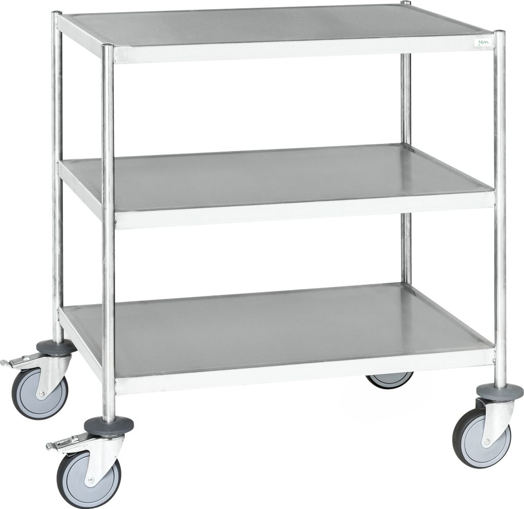 Kongamek Edelstahl- Etagenwagen vollständig geschweißt, 3 Ladeflächen 800x550mm Gummibereifung rostfrei mit Bremse