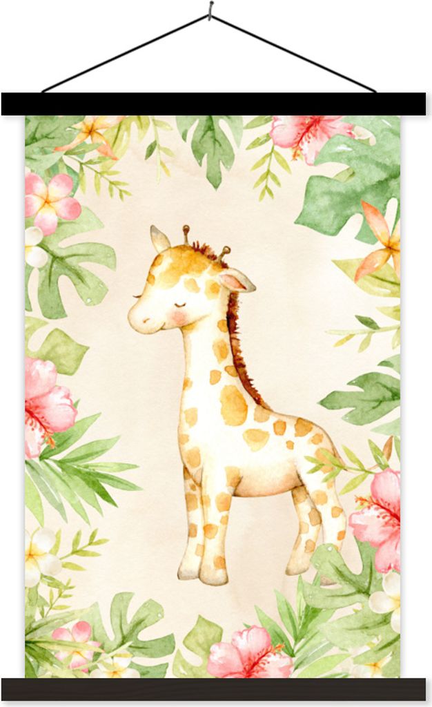 MuchoWow Textilposter Giraffe - Aquarell - Blumen 40x60 cm mit schwarzem Rahmen - Wanddekorationen