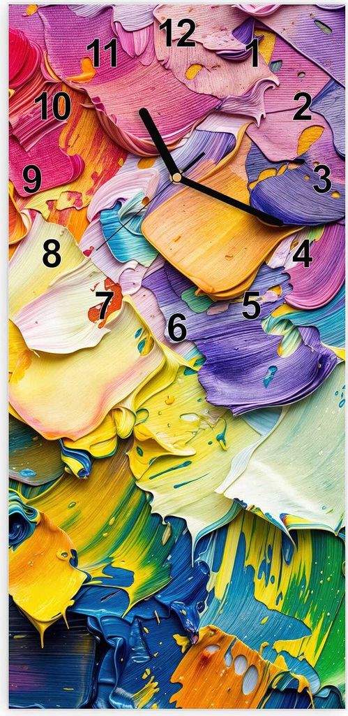Wanduhr aus Glas mit Motiv Farbenfrohe Pinselstriche- 30 x 60 cm - inkl. Aufhängesystem