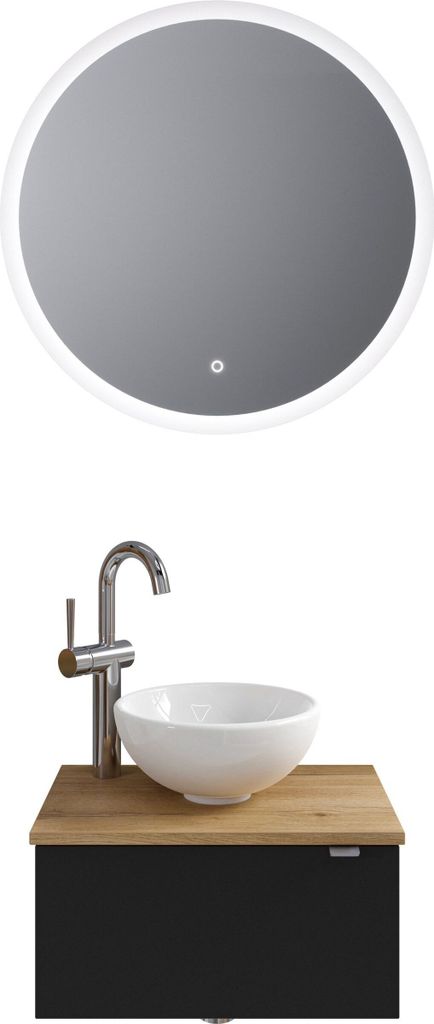 Pelipal Serie 6915 SET-044-114 Block bestehend aus: Keramik-Aufsatzbecken, Waschtischplatte, Waschtischunterschrank, LED Spiegel