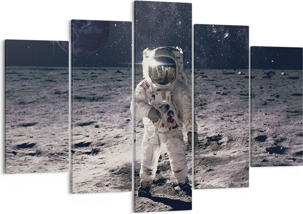 Bild auf Leinwand - Leinwandbild - 5 Teile - Mond Erde Astronaut - 150x100cm - Wand Bild - Wanddeko - Wandbilder - Leinwanddruck - Bilder - Wanddek...