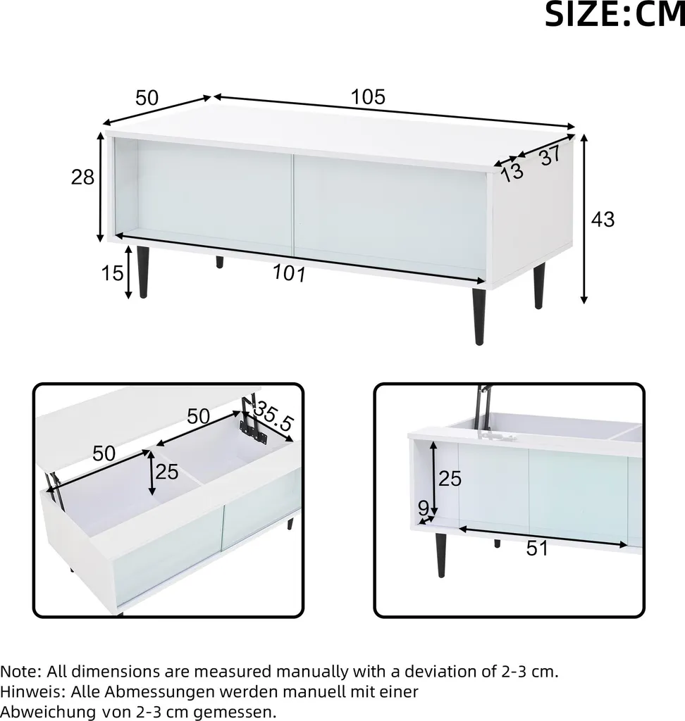 Table de Salon Relevable Design Blanc Laqué avec Rangement et LED Merax