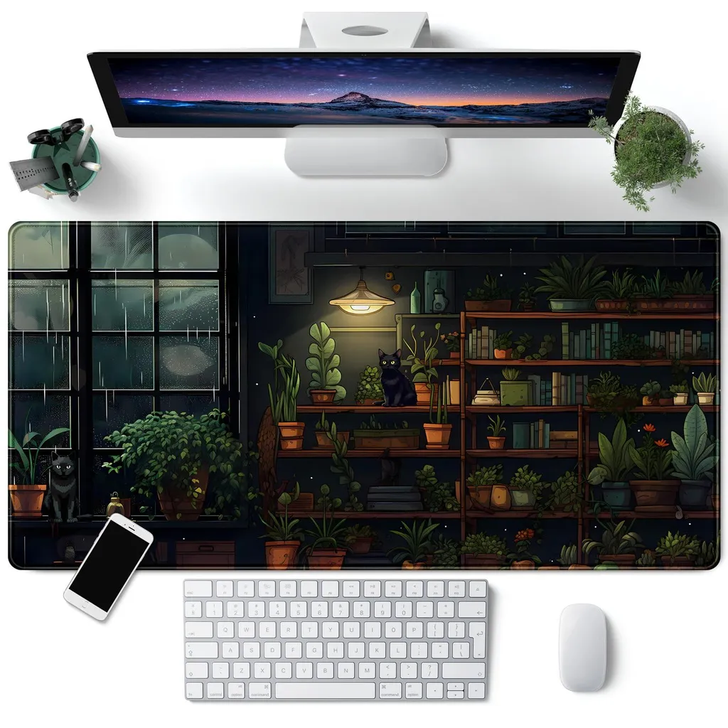 Tapis de souris XL 80x40 cm Chat Noir et Plantes Lo-Fi pour Bureau Gaming