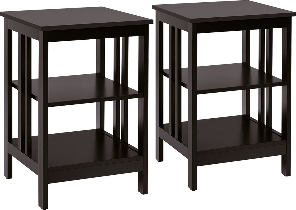 Two identical dark brown wooden side tables with three shelves each, presented against a white background.