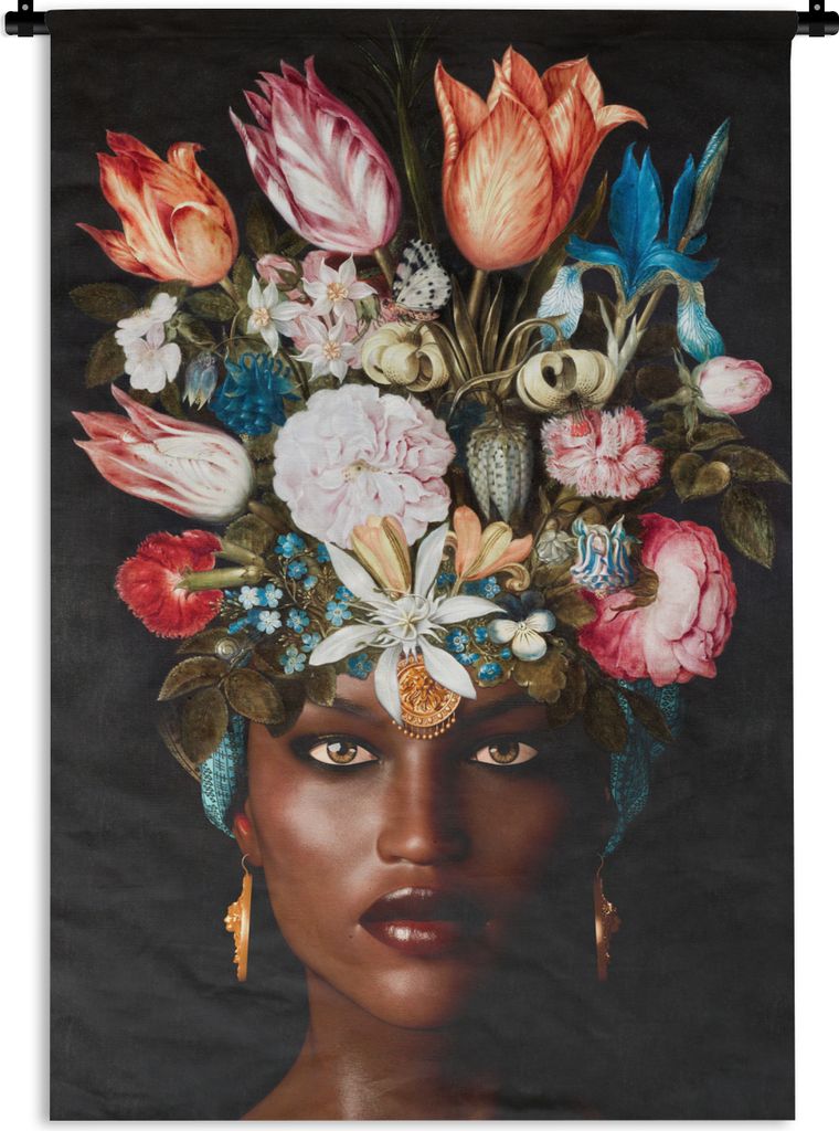 MuchoWow Wandteppich Wandbehang Frau - Blumen - Bunt 60x90 cm Tapisserie Dekoration Wandtuch - Foto-Teppich - Abwaschbar