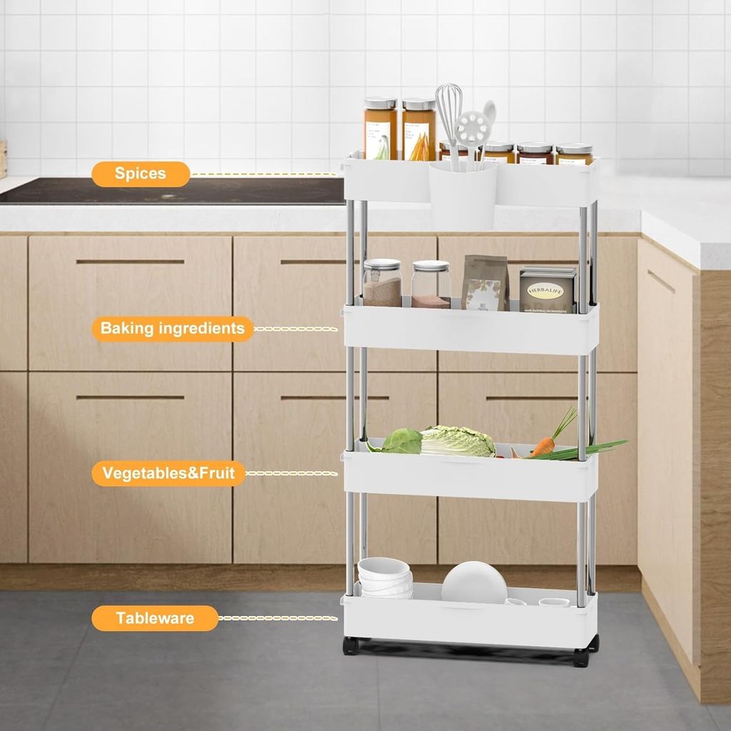 Sekey Küchenwagen Mit 4 Ebenen - Schmaler Rollwagen Mit MDF-Platte Weiß