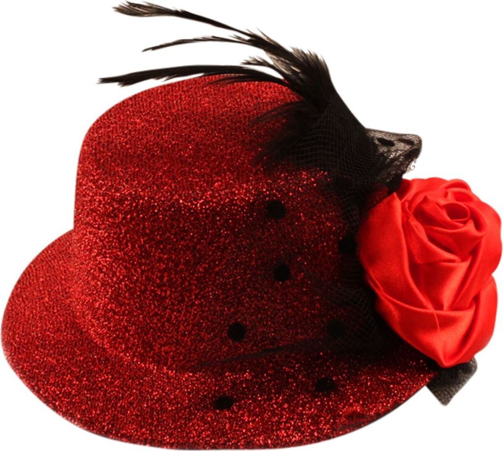 Haarklammer Hut & Feder glitzernd - Haarspange - Haarclip - groß - rot