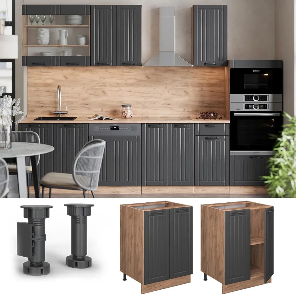 Placard bas de cuisine 60 cm avec plan de travail marbre Vicco Gris