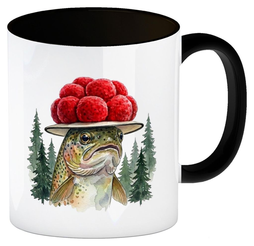 Forelle mit Bollenhut Kaffeebecher in schwarz Schwarzwald Motiv