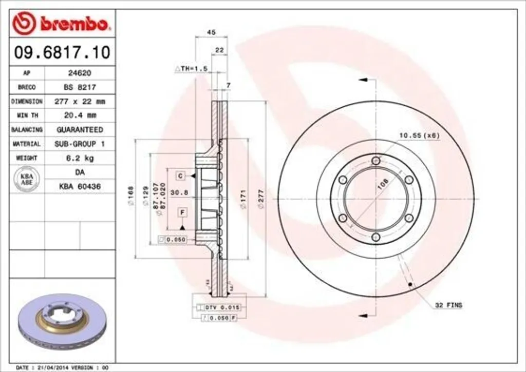 Disque de frein 09.6817.10 Brembo ventilé haute teneur en carbone OE