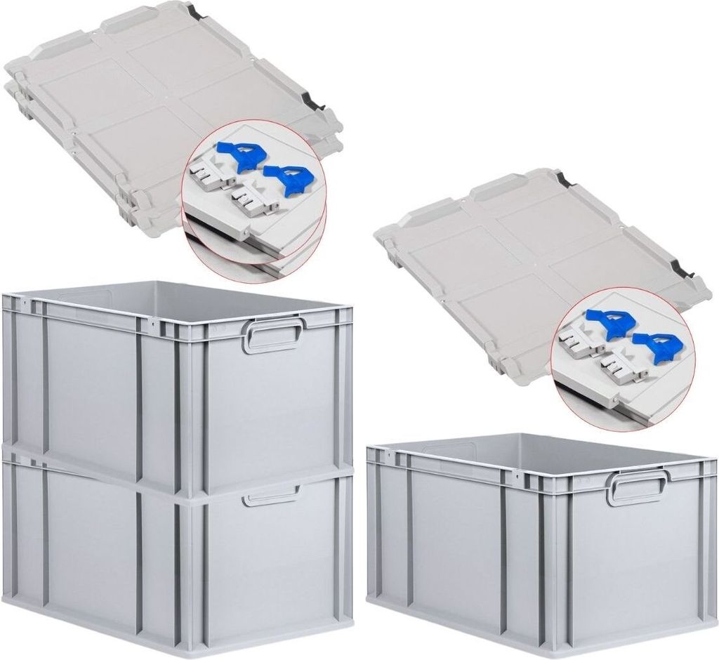 SuperSparSet 3x Eurobox NextGen Grip mit Scharnierdeckel und blauen Schiebeschnappverschlüssen | HxBxT 32x40x60cm | 65 Liter | Griffe geschlossen ...