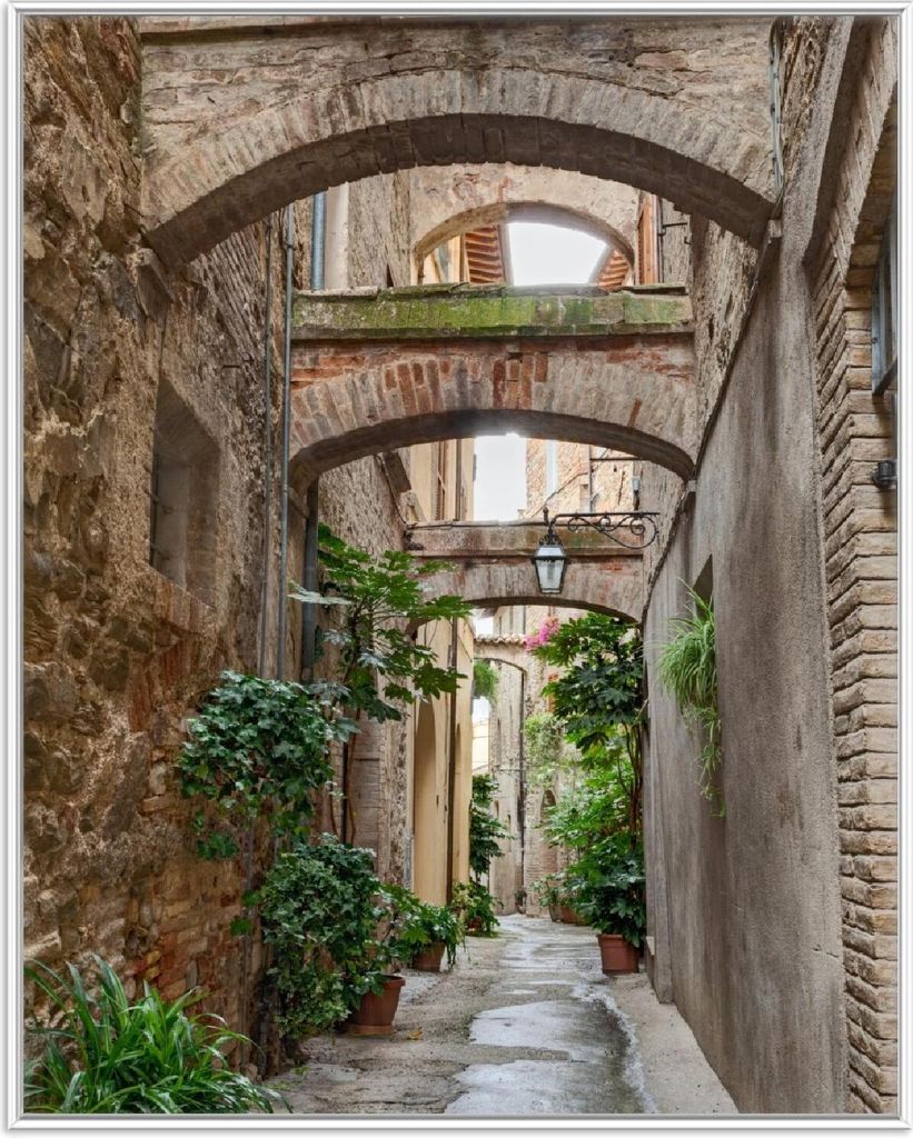 Wallario Wandbild Grüne italienische Gasse - mit alten Bögen, Größe: 40,30 x 50,30 cm, Poster mit weißem Aluminiumrahmen