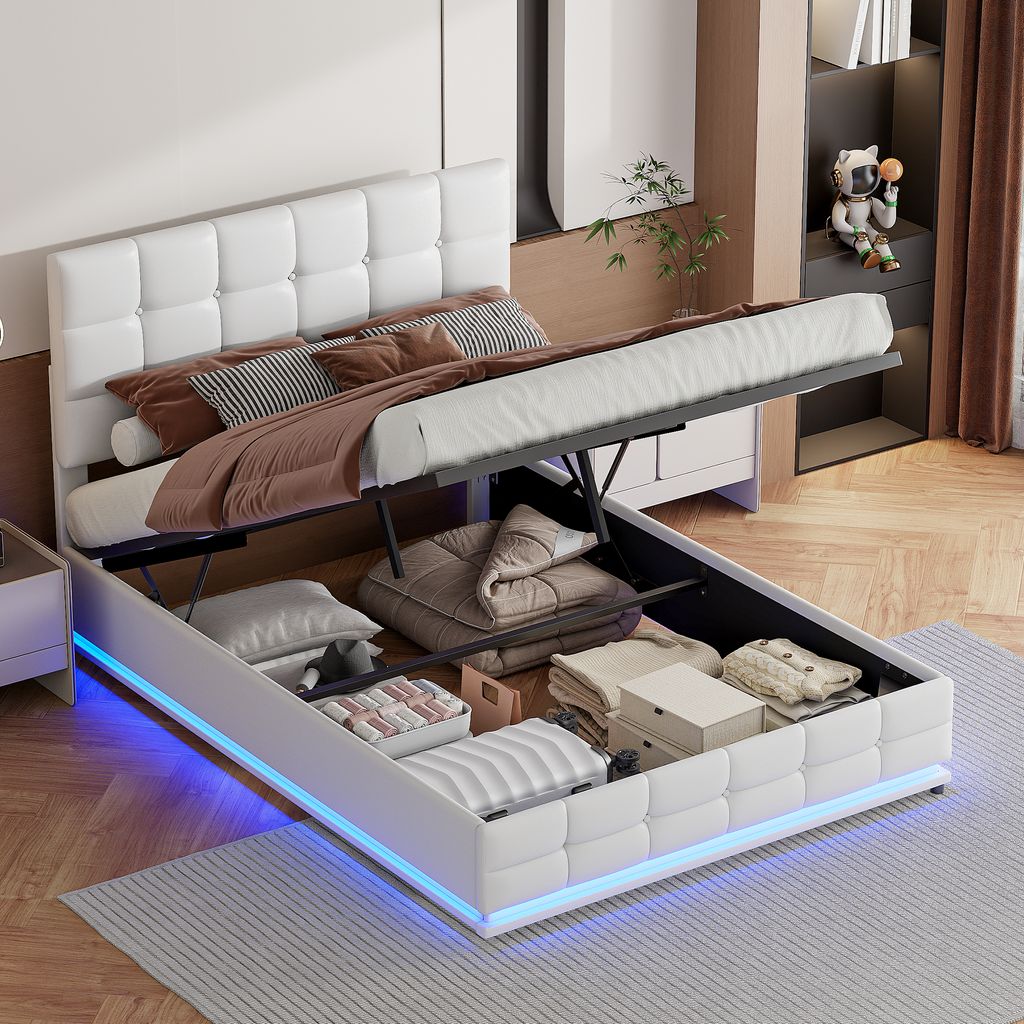 ProximaX Weißes Kunstleder-Doppelbett, 140x200cm Hydraulisches Boxspringbett mit LED, Lattenrost und Stauraum - Polsterbett für Jugendzimmer