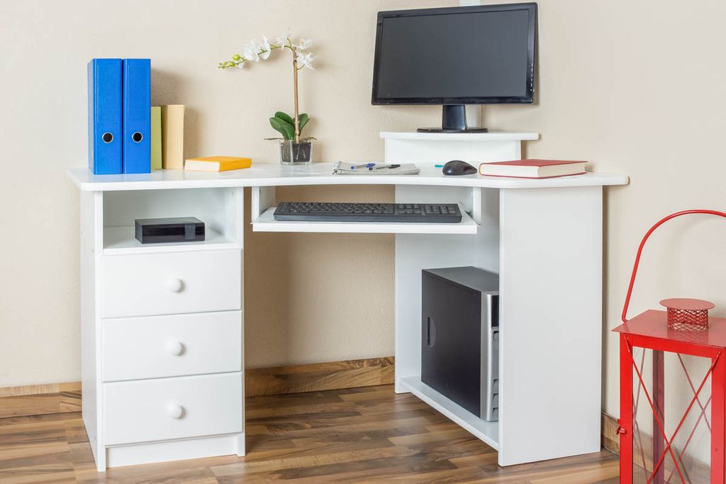 Kinderschreibtisch mit 3 Schubladen, Bildschirmplateau und Tastaturfach, massives Kiefernholz, weiß, viel Stauraum und Ablagefläche, robust und l...