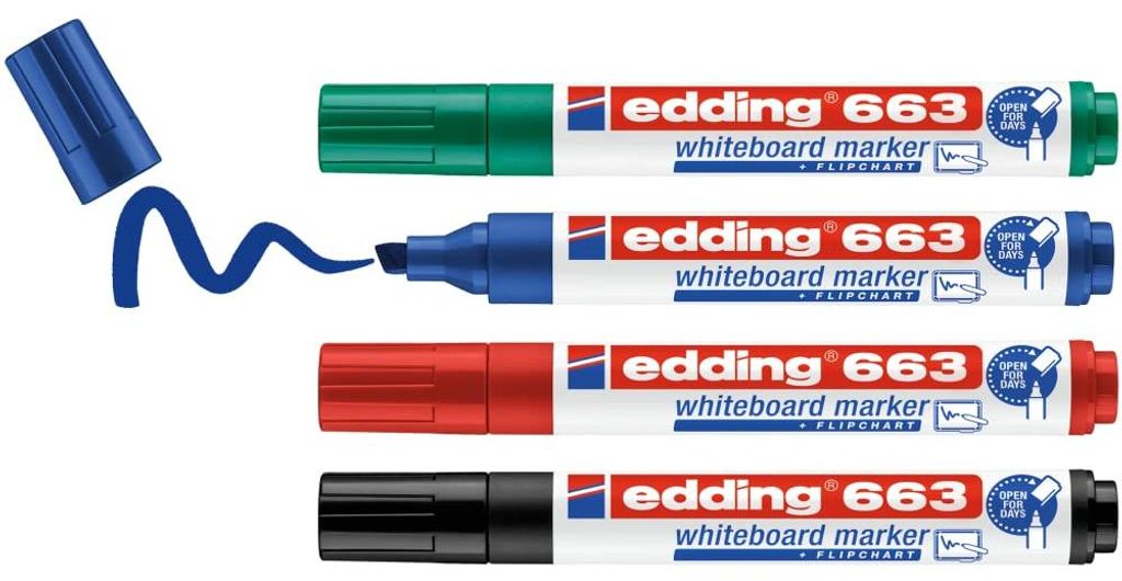 edding 663 Whiteboardmarker Set, 4 Farben, abwischbar, Keilspitze 1-5 mm, nachfüllbar