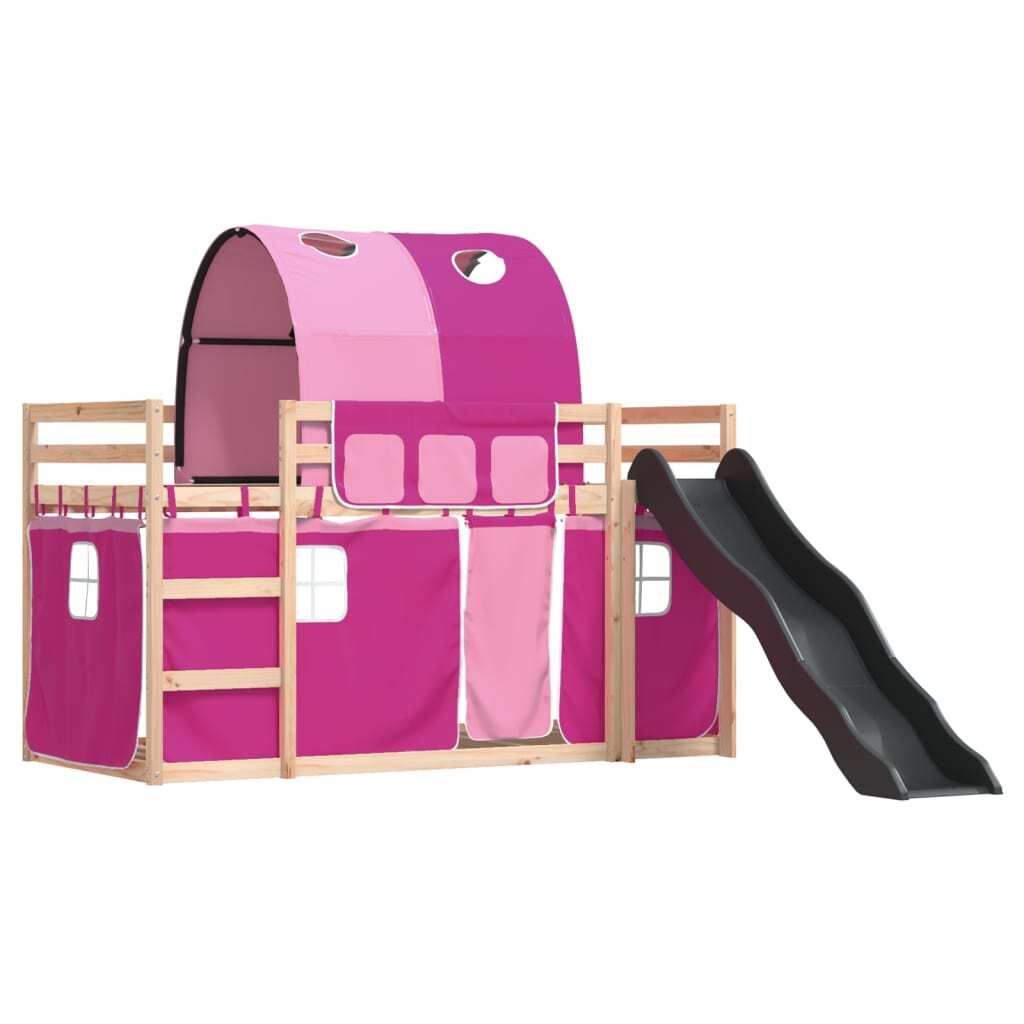 Etagenbett mit Rutsche und Gardinen Rosa 90x190 cm, Klassische Betten 2024 Neu