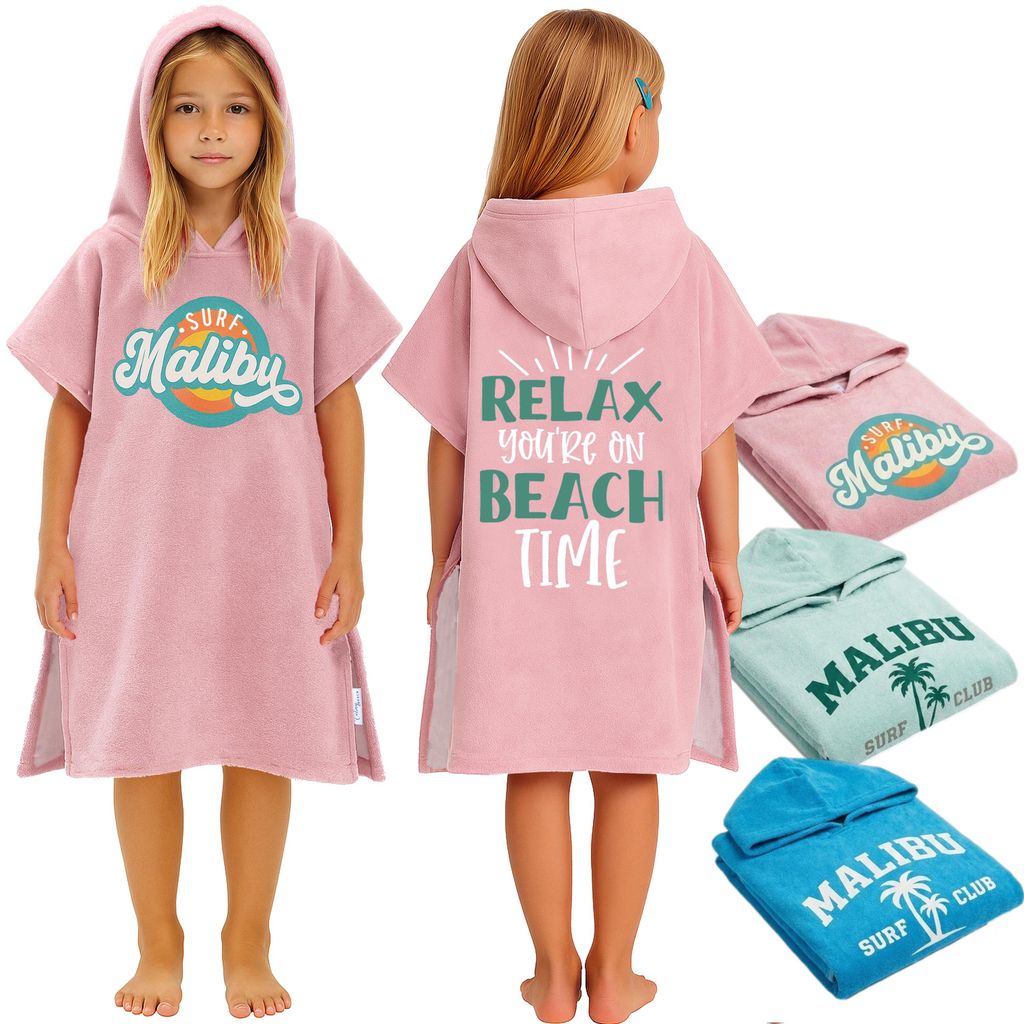 Badeponcho Kinder Poncho Handtuch - Mädchen Jungen Surf Frottee Bademantel Badetuch Baumwolle Strandponcho Surfponcho Ponchos Rosa Malibu 4-7 Jahre