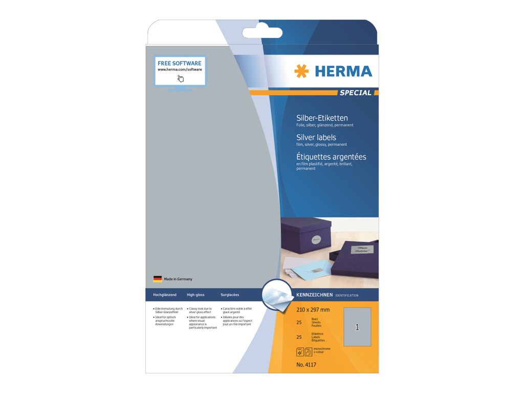 Etichette autoadesive HERMA, foglio lucido A4, 210x297 mm, Immagine del prodotto 