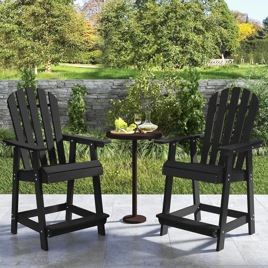GOPLUS Hoher Adirondack Stuhl, wetterfester Barhocker aus HDPE, Barstuhl mit schräger Hochlehne & Armlehne & Fußstütze, Schwarz