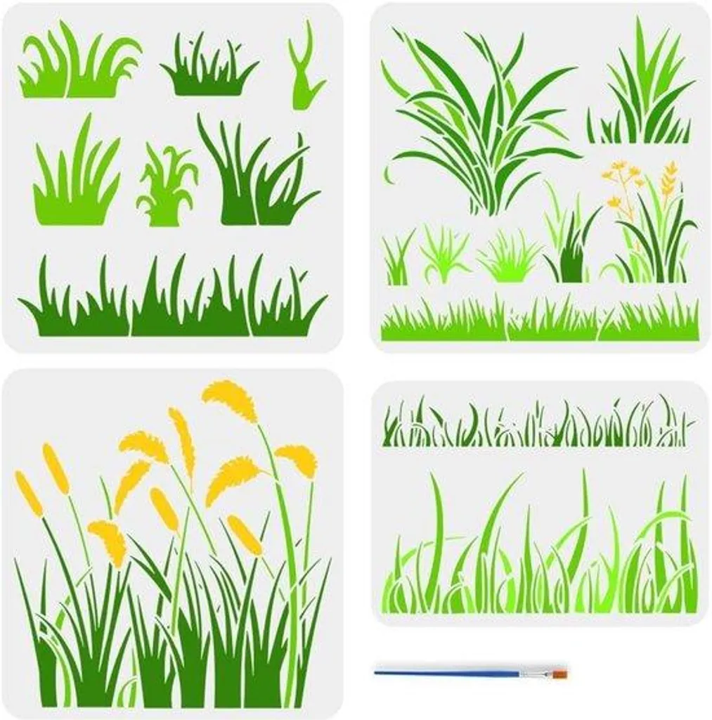 Pochoirs herbe réutilisables - 4 styles avec pinceaux pour mur et bois