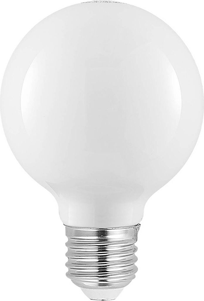 A white frosted globe light bulb with a silver screw base against a white background.