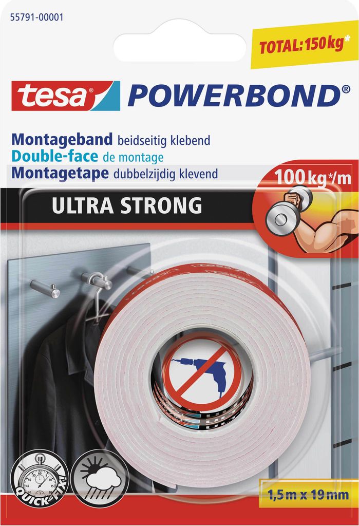 TESA 55791-00001, Montageband, Weiß, 1,5 m, Draußen, Produktbild 