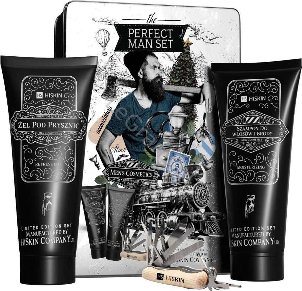 A gift set for men with grooming products and a multi-tool, presented in a vintage-style illustration.