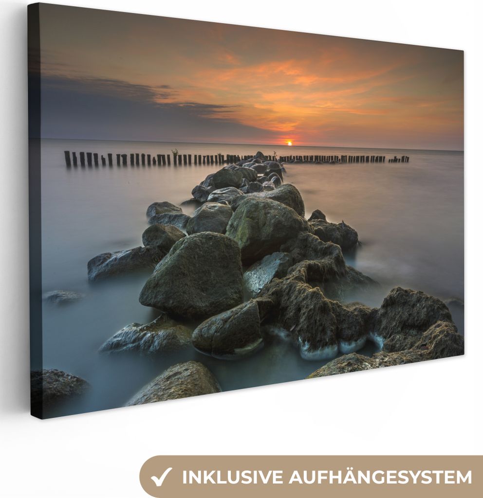 OneMillionCanvasses - Leinwandbilder - 150x100 cm, Meer - Sonne - Steine, Wandbilder Kunstdruck Wanddekoration