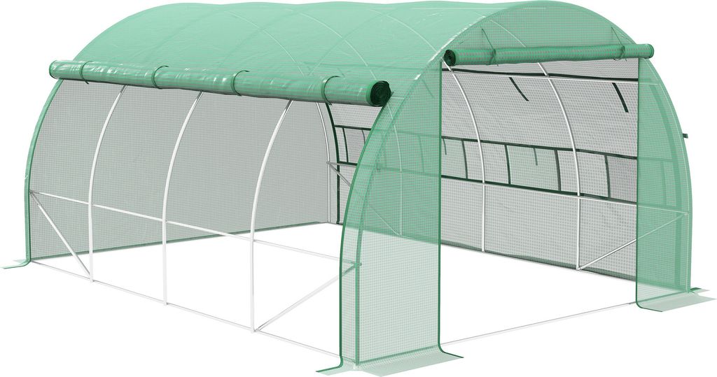 Outsunny Foliengewächshaus Polytunnel 3,97 x 3 x 2 m begehbares Gewächshaus mit aufrollbar Abdeckungen Folientunnel Treibhaus UV-Schutz Stahl Grün