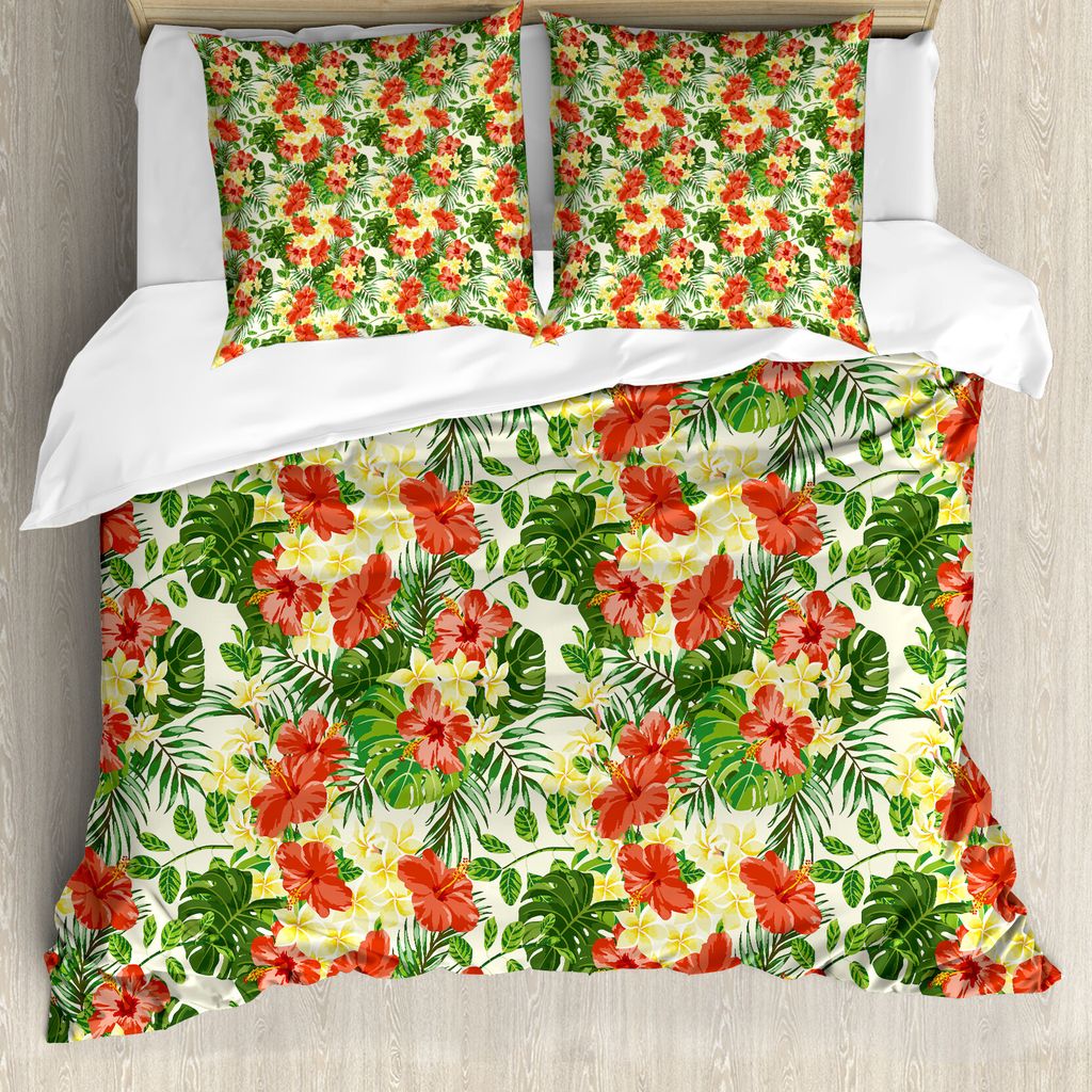 ABAKUHAUS Tropisch Bettbezug, Exotische Blumen-Muster, Milbensicher Allergiker geeignet mit Kissenbezügen, 200 cm x 200 cm - 80 x 80 cm, Red Pale ...