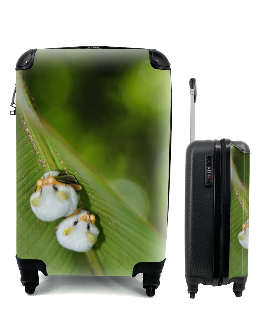 MuchoWow Koffer Handgepäck Trolley Rollkoffer Kleine Reisekoffer mit 4 Rollen - Weiße Fledermäuse auf grünem Blatt - Cabin Size < 55x40x23 cm...