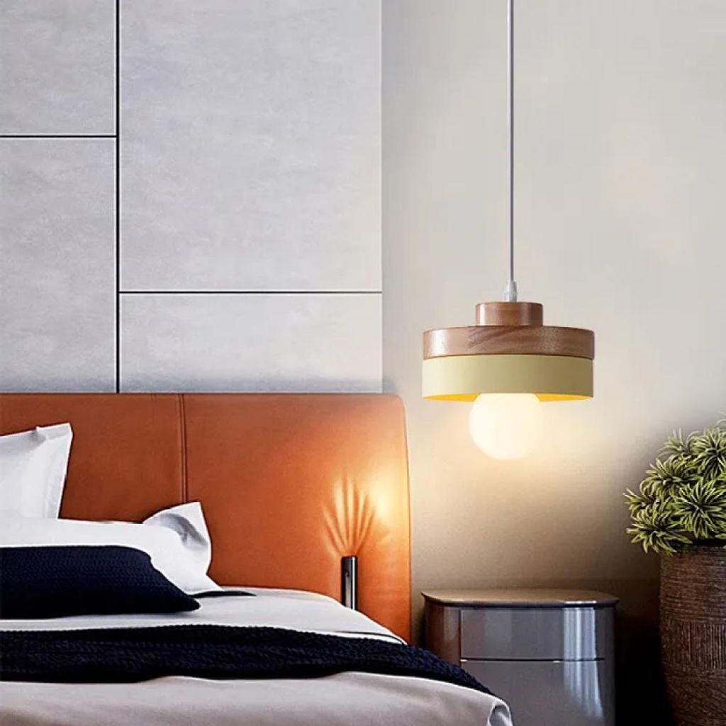 Moderne runde Pendelleuchte mit gelbem Holz- und Metallschirm, E27-Deckenleuchte für das Wohnzimmer
