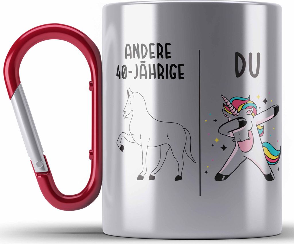 Trendation - 40. Geburtstag Frauen Edelstahl Tasse Karabiner Einhorn Geschenk Geschenkidee 40er Geburtstag Mutter Mama (Rot)
