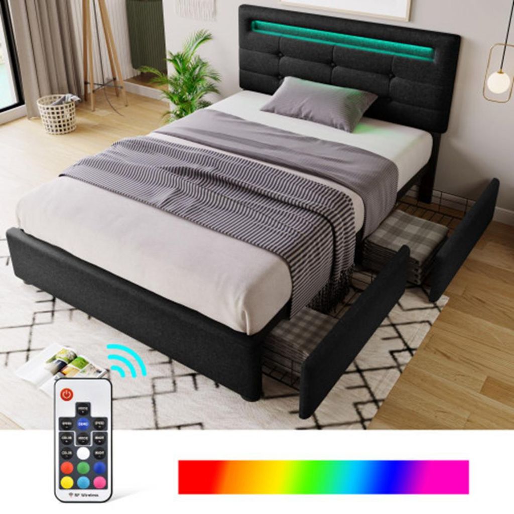 Bettgestell mit LED-Beleuchtung und 2 Schubladen, Einzelbett Polsterbett Höhenverstellbarem Kopfteil (Ohne Matratze) 90x200cm