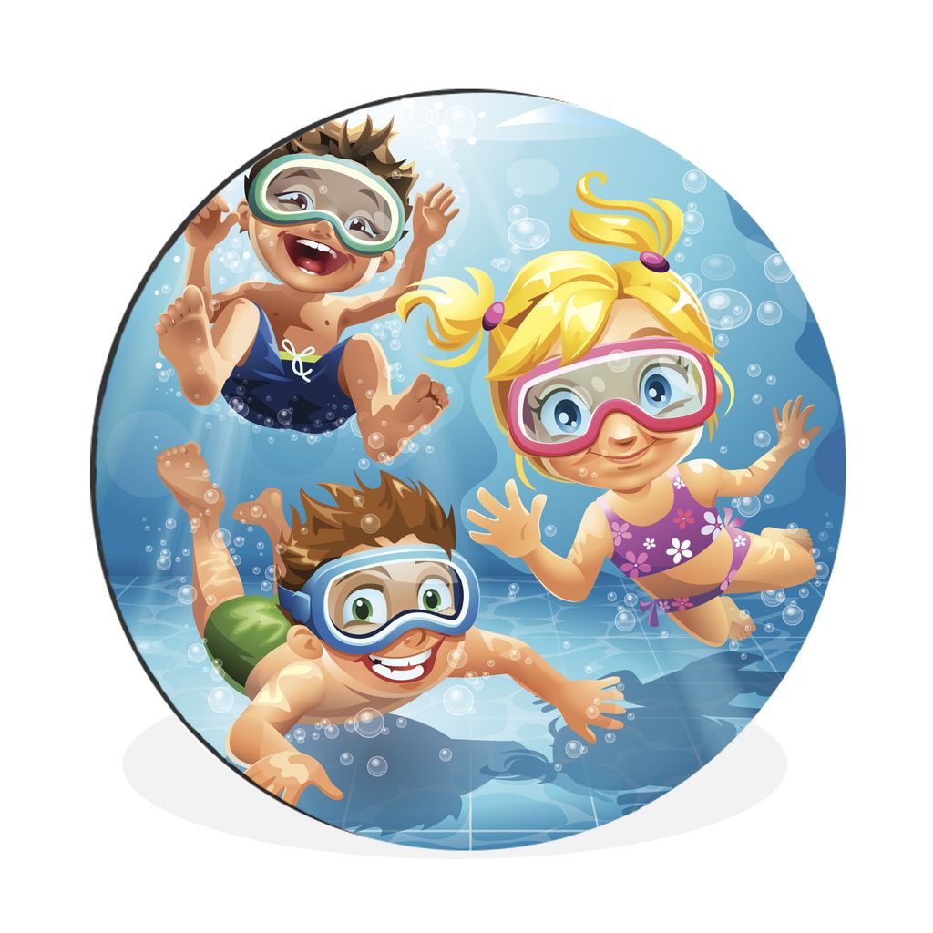 MuchoWow Aluminium Wandkreis Kinderillustration von schwimmenden Kindern Ø 60 cm Wanddeko Modern Wohnzimmer - Wand Kreis - Wandbild - Schlafzimm...