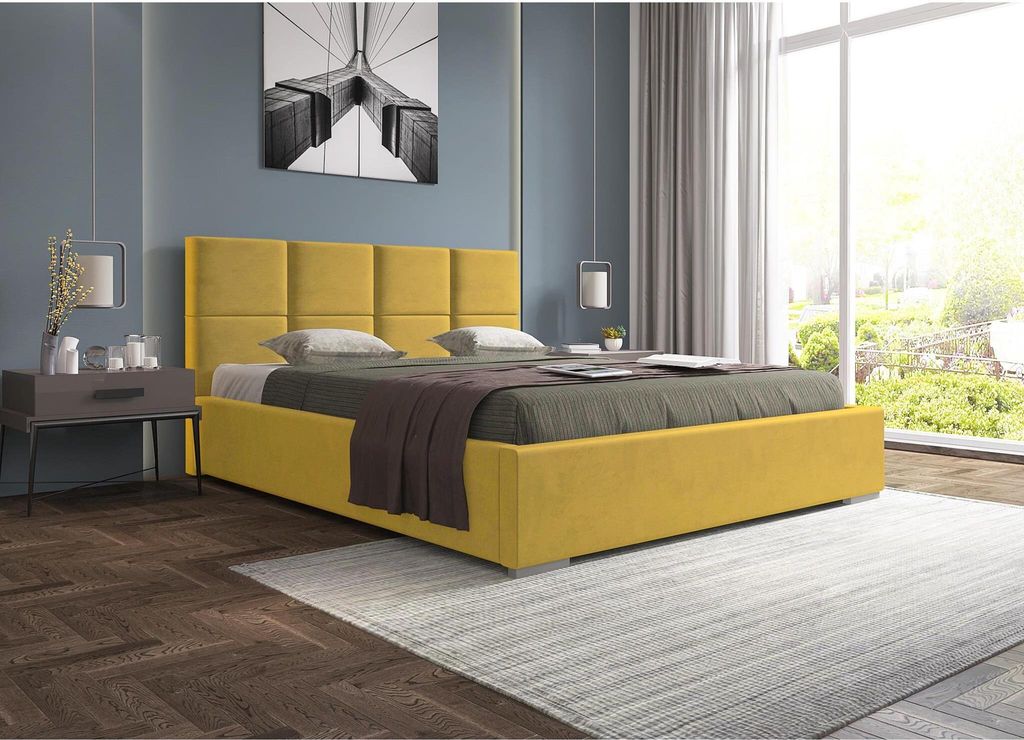Gepolsterte Bett mit Velours-Bezug Axel Polsterbett mit Holzgestell mit 40 Leisten inklusive Bettkasten und Federmechanismus, Farbe: Gelb, Große: ...
