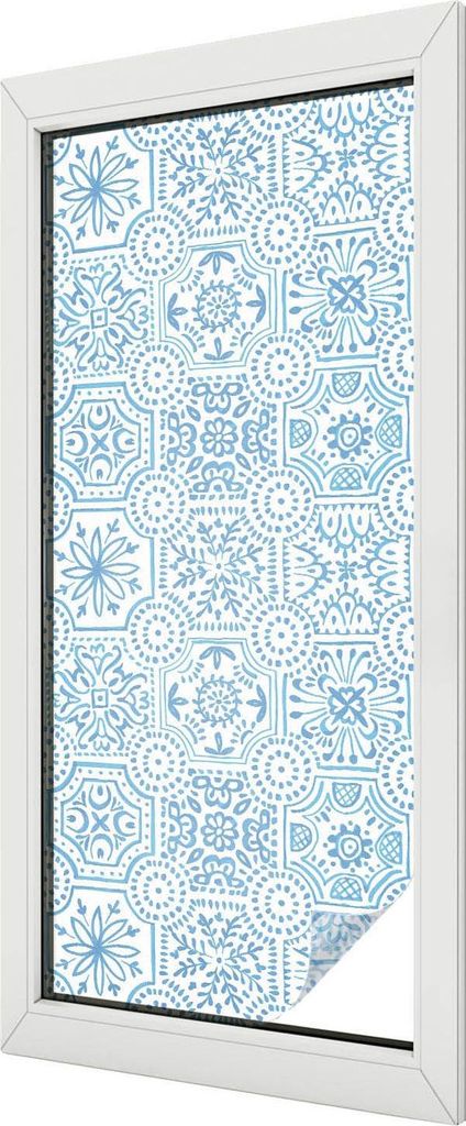Buntglas Fensterfolie – 116x50 cm – Stained-Glass Design – blickdichte dekorative Sichtschutzfolie – selbstklebend, UV-Schutz – Blaue Fli...