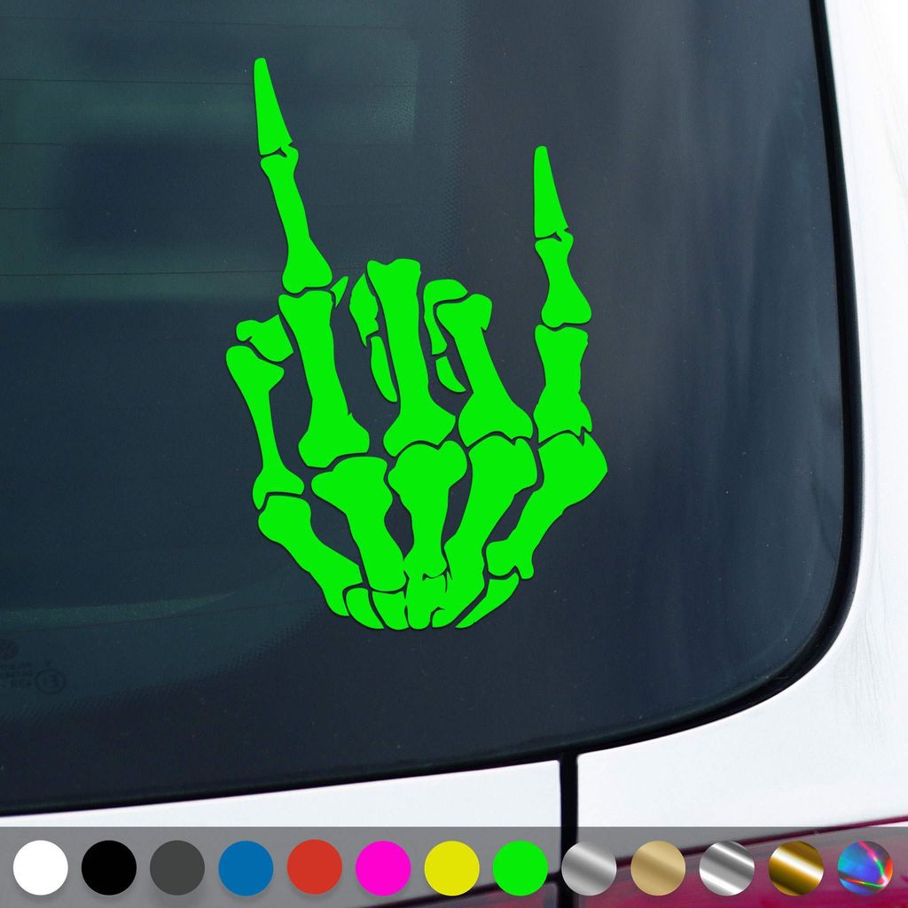 PantherPixel Skelett Hand Aufkleber Rock Heavy Metal Pommesgabel Sticker Auto Geschenkidee Farbe Neon-Grün