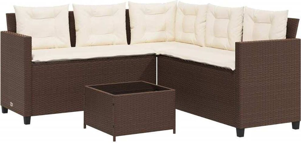 Gartensofa in L-Form mit Tisch und Kissen Braun Poly Rattan