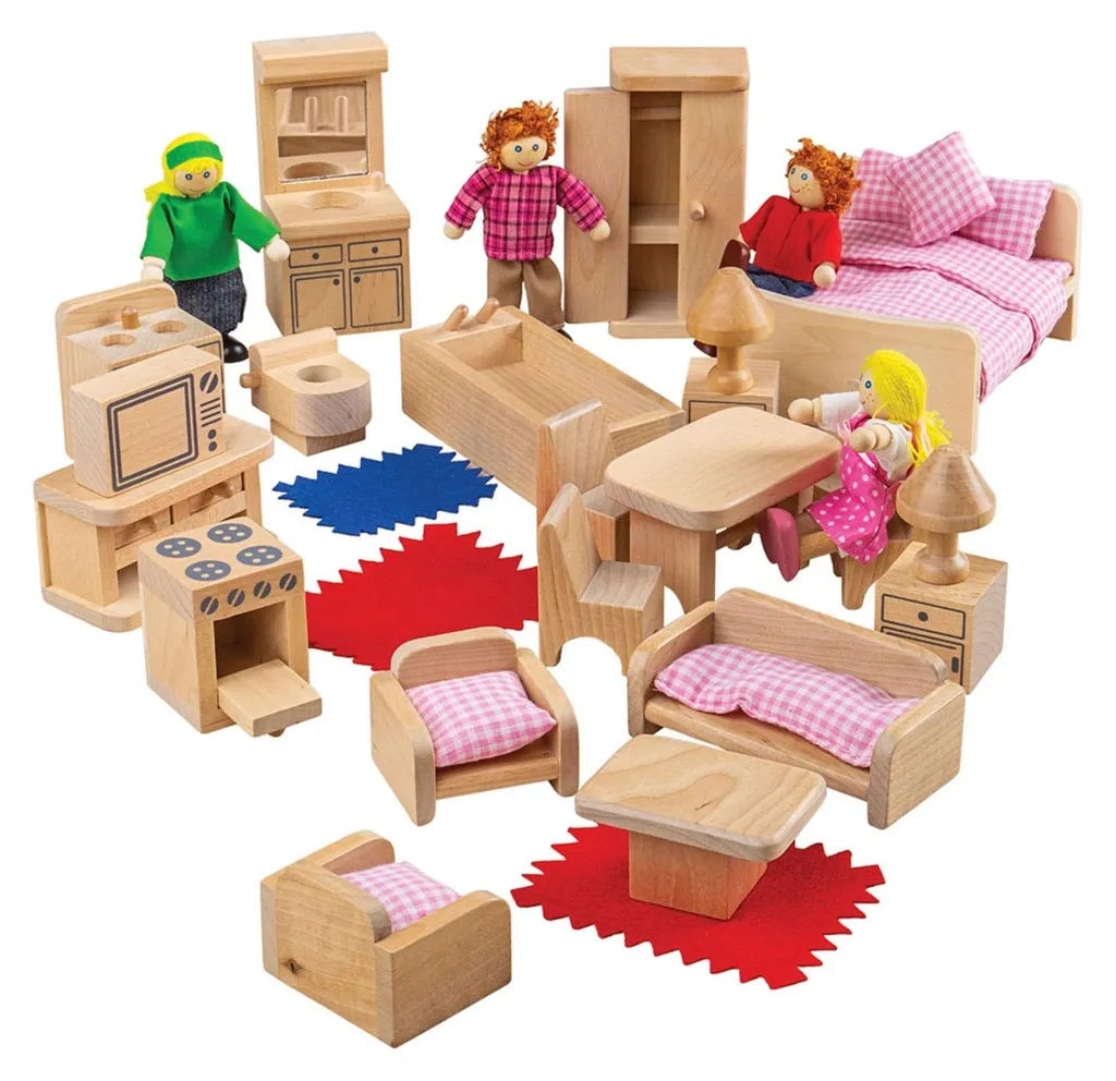 Famille de poupées en bois pour maison de jeu enfant avec meubles
