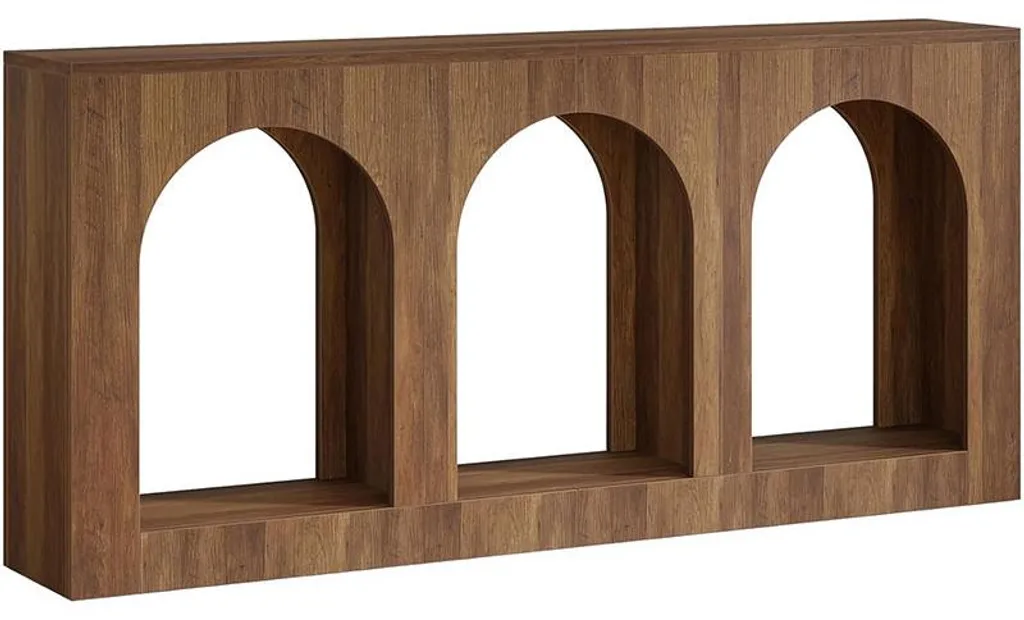 Table console 160 cm bois marron et 3 niveaux de rangement bombés