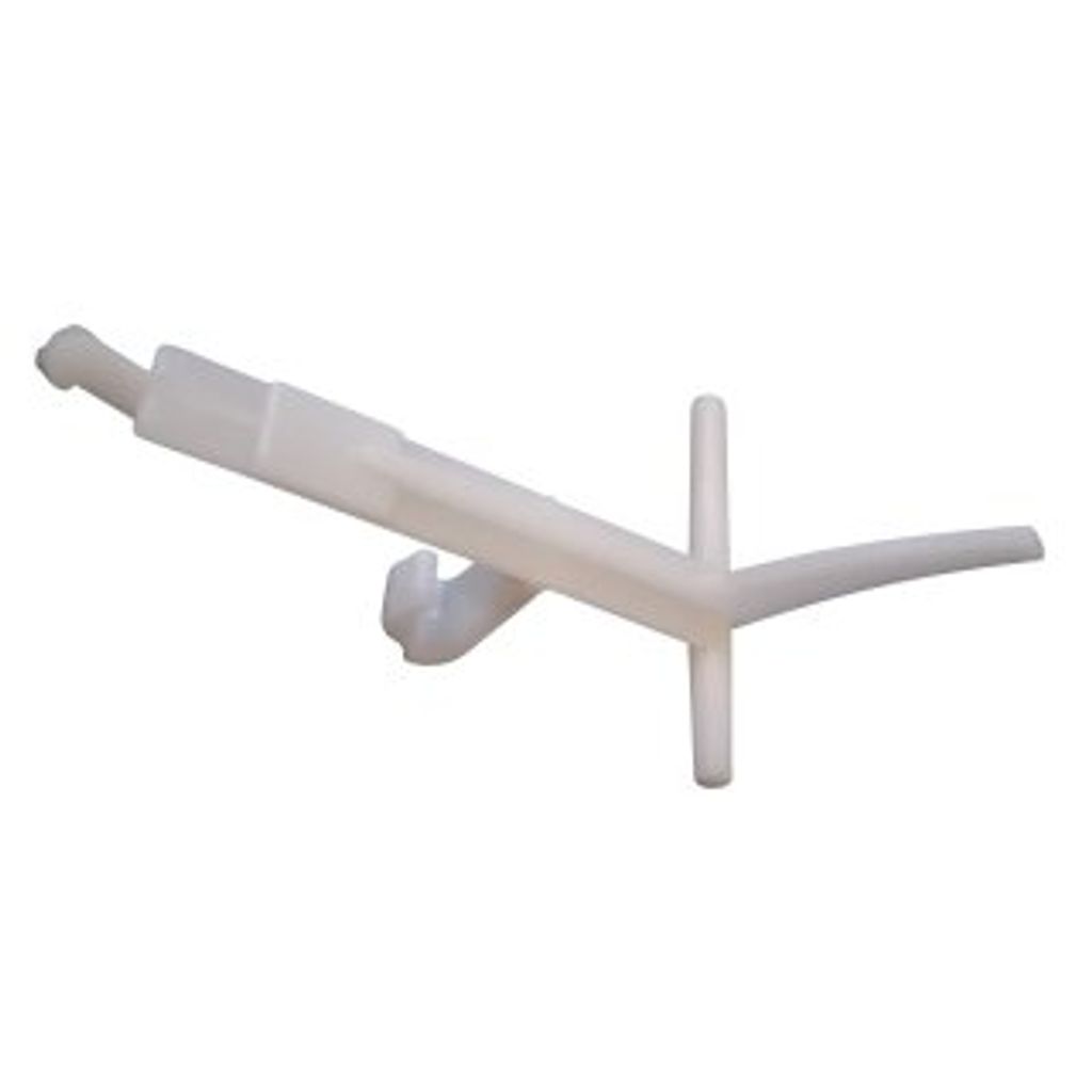A white plastic toilet flush lever is shown against a white background.