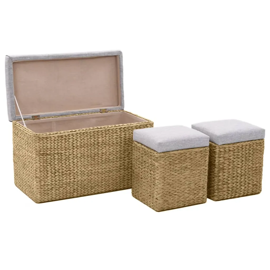 Banc design gris en jonc de mer tressé avec 2 ottomans d'appoint chic - 4