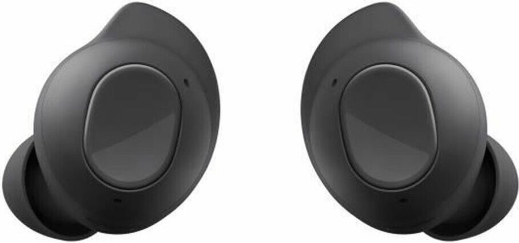 A pair of black wireless earbuds is shown against a white background.