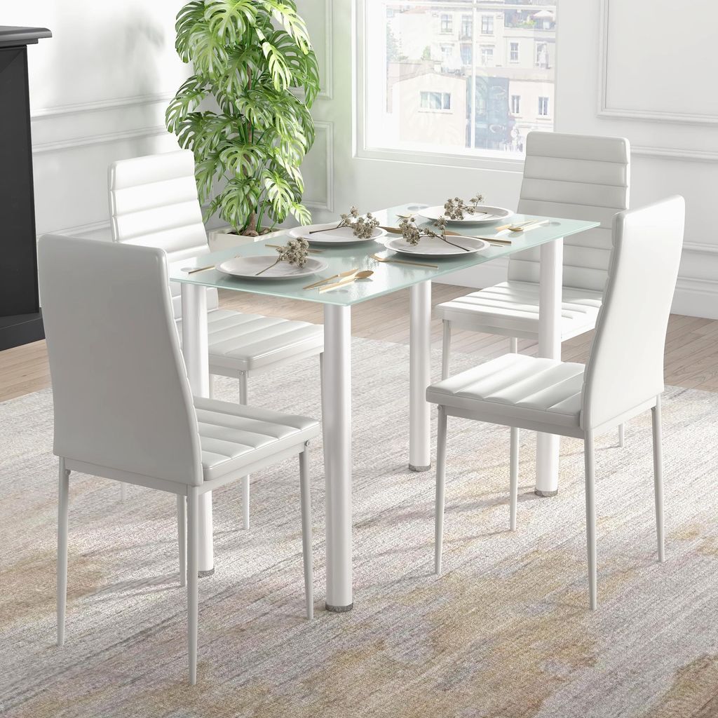 Essgruppe 5-teilig Weiß, Esstisch mit 4 Stühlen Kunstleder, Glasplatte gehärtet, Stahlgestell | 120x60x97 cm | 4 Personen | platzsparend