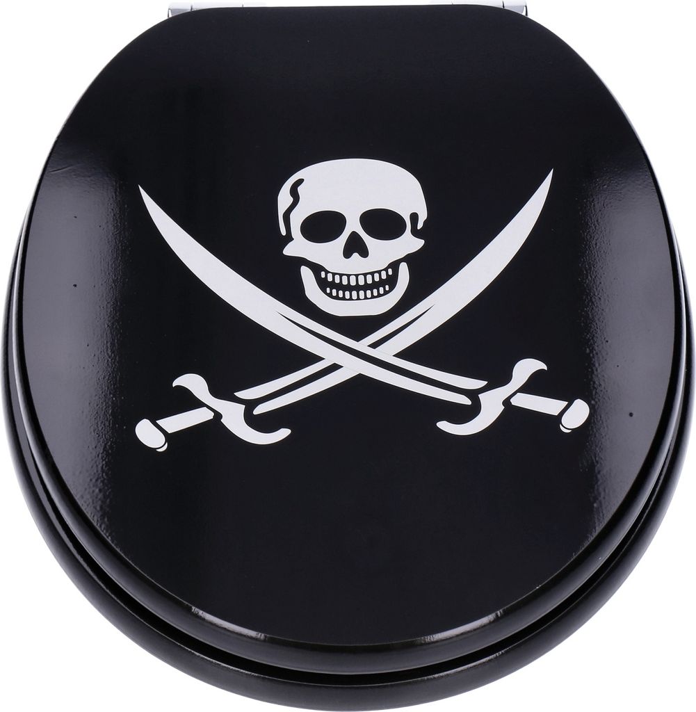 A black toilet seat with a white pirate skull and crossbones design.
