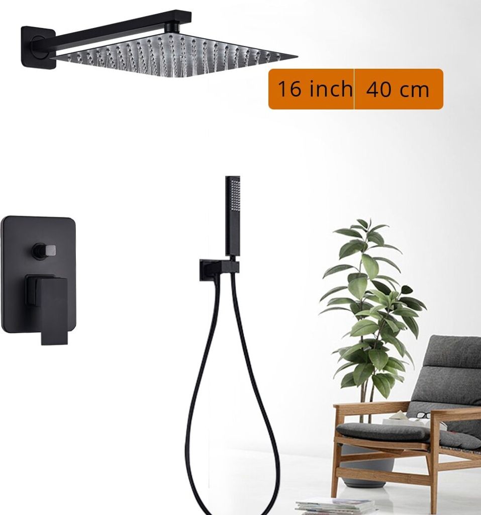 Linuode Schwarzes Duschset, Wandmontage, Duscharmatur, Mischbatterie, Regendusche, Duscharmatur mit Handbrause, drehbarem Wanneneinlauf,2-Wege 16 Zoll