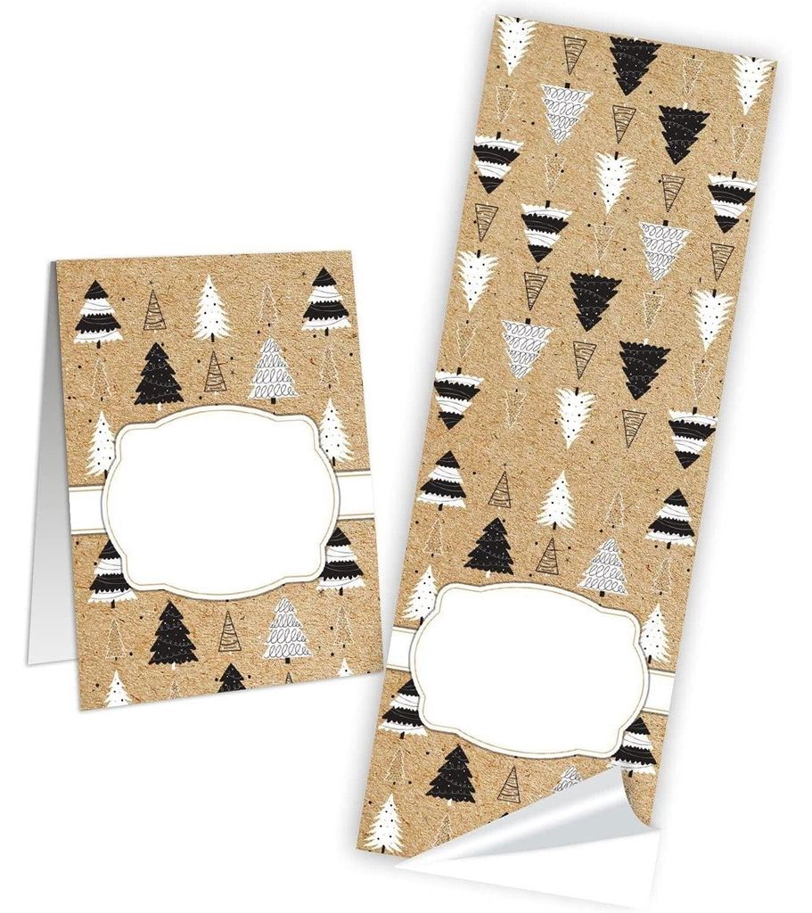 Logbuch-Verlag 10 Weihnachtsaufkleber mit Namensfeld - Geschenk Aufkleber Weihnachten mit Bäumen beige schwarz weiß neutral 5 x 14,8 cm10 Stück