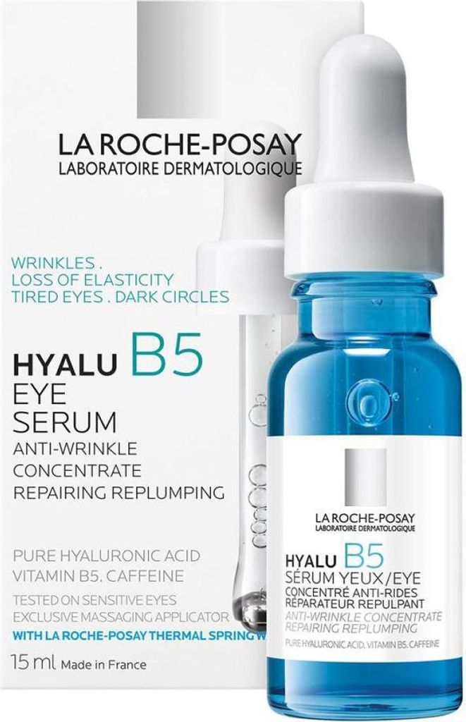 A product shot of a La Roche-Posay Hyalu B5 Eye Serum bottle and its packaging.