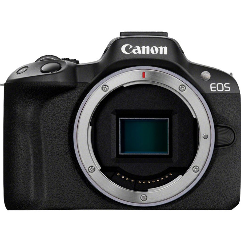 A front view of a black Canon EOS R50 mirrorless camera with the lens mount exposed.